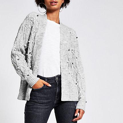 River Island Womens Cable Knitted Pearl Embellished Cardigan