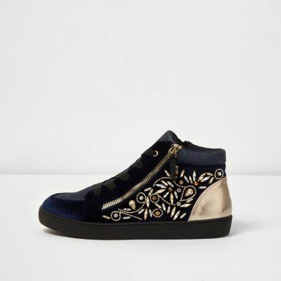 River Island Womens Gem Embellished Lace-up Hi Top Sneakers