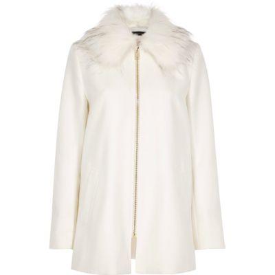 River Island Womens White Faux Fur Collar Swing Coat