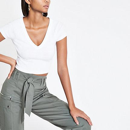 River Island Womens White Ribbed V Neck Crop T-shirt