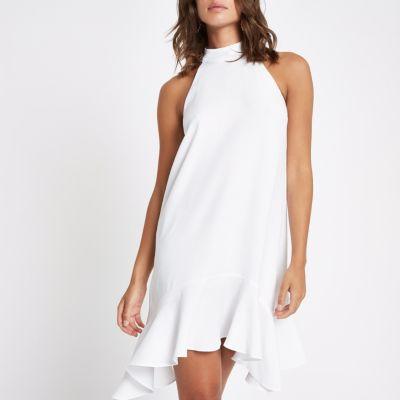 River Island Womens White Frill Hem Halterneck Swing Dress