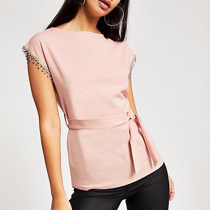 River Island Womens Diamante Short Sleeve Tie Belted Top