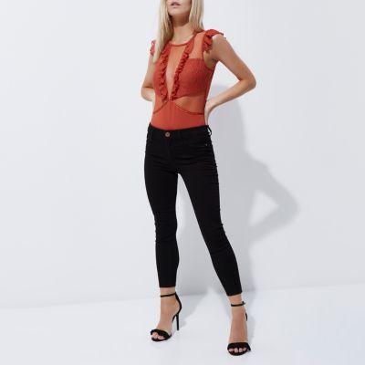 River Island Womens Petite Rust Dobby Mesh Frill Bodysuit