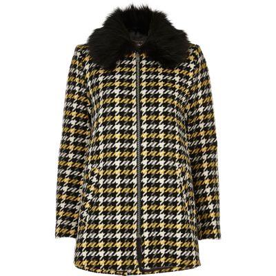 River Island Womens Check Faux Fur Collar Swing Coat