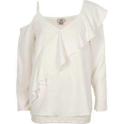 River Island Womens Asymmetric Frill Cold Shoulder Top