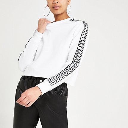 River Island Womens White Ri Rhinestone Trim Crop Sweatshirt