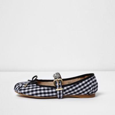 River Island Womens Gingham Diamante Trim Ballet Pumps