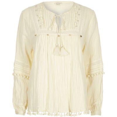 River Island Womens Pom Pom Trim Lace Yoke Top