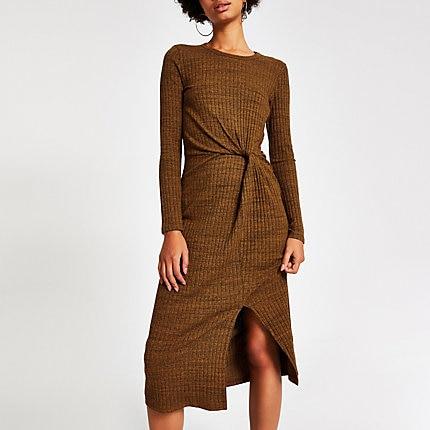 River Island Womens Rust Twist Front Midi Dress
