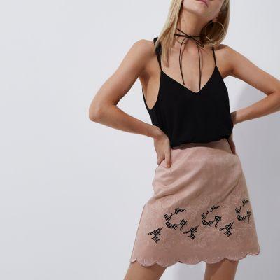 River Island Womens Petite Nude Faux Suede Laser Cut Mini Skirt