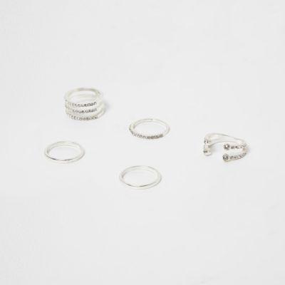 River Island Womens Silver Tone Rhinestone Pave Ring Pack