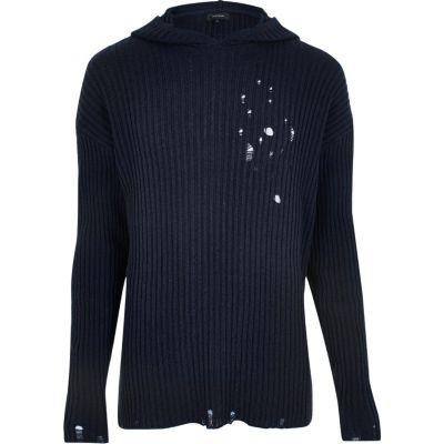 River Island Mensblue Ripped Knit Hoodie