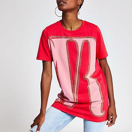 River Island Womens Print Oversized Studded T-shirt