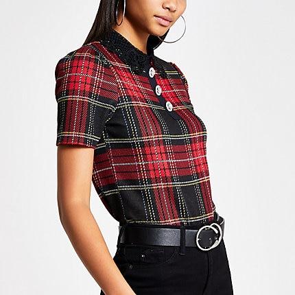 River Island Womens Tartan Lace Collar Fitted Top