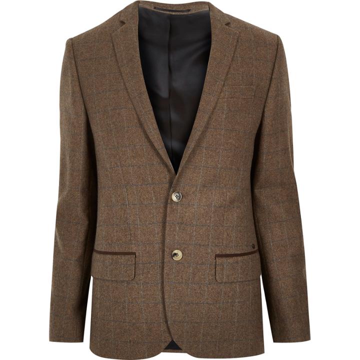 River Island Mensbrown Check Wool-blend Skinny Blazer