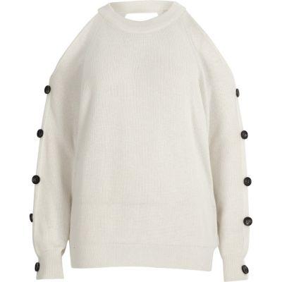 River Island Womens White Knit Cold Shoulder Button Sleeve Sweater
