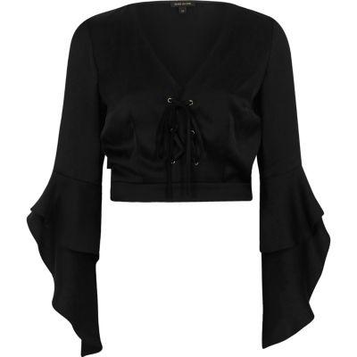 River Island Womens Lace-up Front Frill Sleeve Crop Top