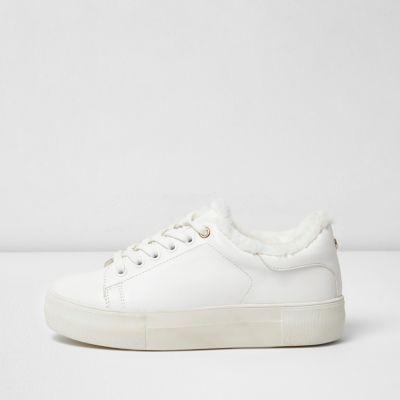 River Island Womens White Fur Trim Flatform Trainers