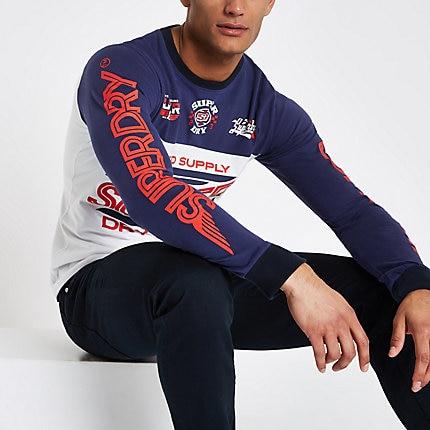 River Island Mens Superdry White Logo Long Sleeve T-shirt