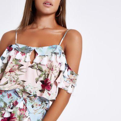 River Island Womens Floral Cold Shoulder Beach Crop Top