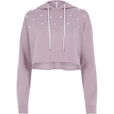 River Island Womens Pearl Embellished Cropped Hoodie