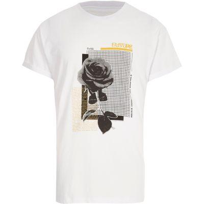 River Island Mens White Mono Rose Print Short Sleeve T-shirt