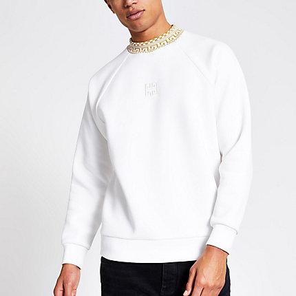 River Island Mens White Ribbed Aztec Crew Neck Sweatshirt