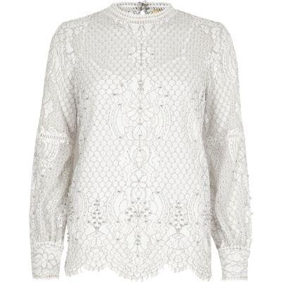 River Island Womens White Lace High Neck Beaded Top
