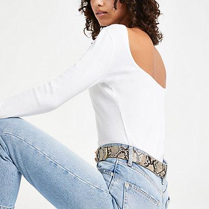 River Island Womens White Ribbed Long Sleeve T-shirt
