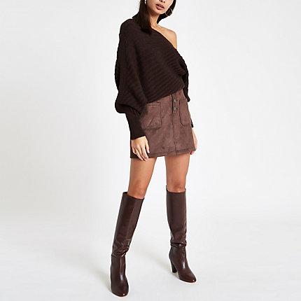 River Island Womens Faux Suede Button Front Mini Skirt