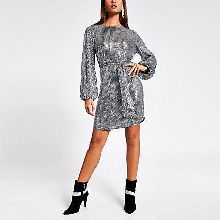 River Island Womens Silver Sequin Long Puff Sleeve Belted Dress