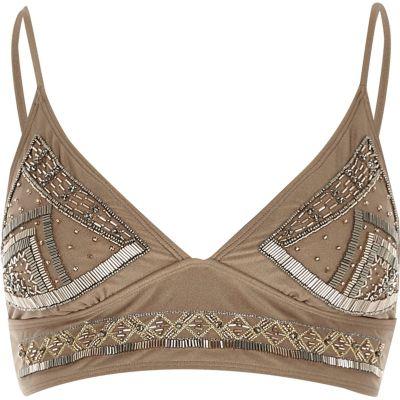 River Island Womens Brown Beaded Longline Bikini Top