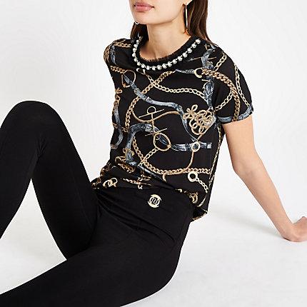 River Island Womens Chain Print Embellished Neck T-shirt