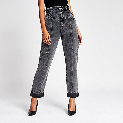 River Island Womens Acid Wash Paperbag Waist Utility Jeans
