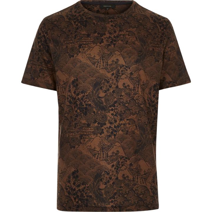 River Island Mensdark Oriental Print T-shirt