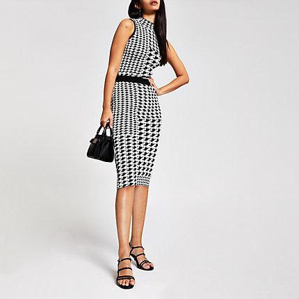 River Island Womens White Dogtooth Check Midi Skirt