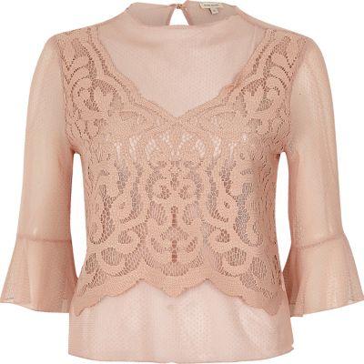 River Island Womens Dobby Mesh Lace Bell Sleeve Top