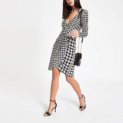 River Island Womens White Dogtooth Check Jersey Shirt Dress