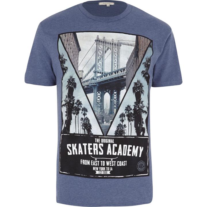 River Island Mensblue Skaters Academy Ny Print T-shirt