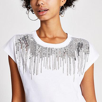 River Island Womens White Sequin Embellished T-shirt