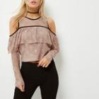River Island Womens Petite Nude Cold Shoulder Lace Top