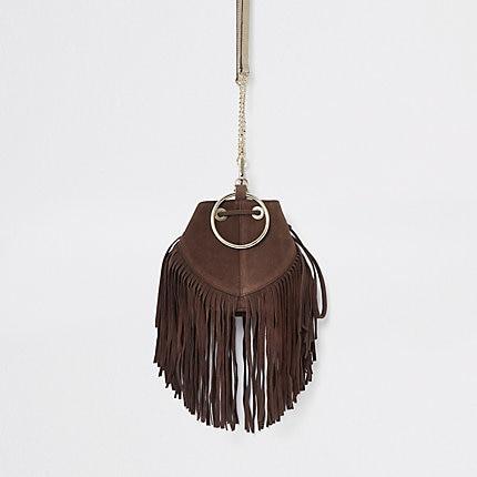 River Island Womens Leather Small Fringe Bucket Bag