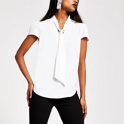 River Island Womens Petite White Short Sleeve Tie Neck Blouse