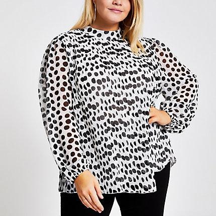 River Island Womens Plus White Polka Dot Plisse Tie Neck Blouse