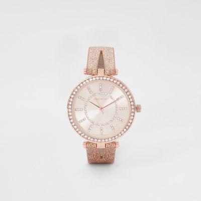 River Island Womens Rose Gold Tone Split Strap Diamante Watch