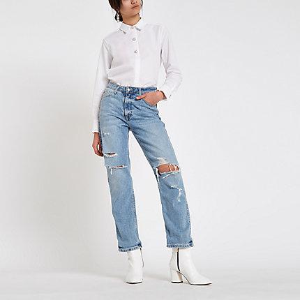 River Island Womens White Diamante Button Poplin Shirt