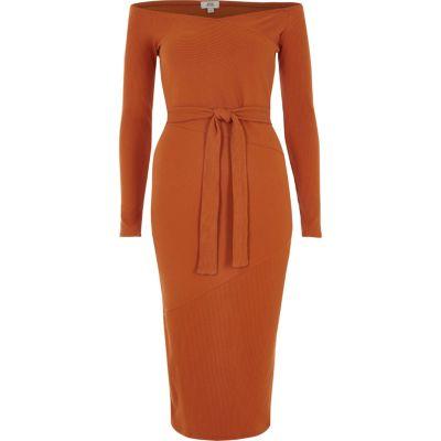 River Island Womens Rib Bardot Tie Waist Midi Dress