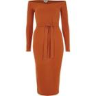 River Island Womens Rib Bardot Tie Waist Midi Dress