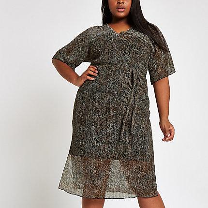 River Island Womens Plus Plisse Leopard Print Midi Dress