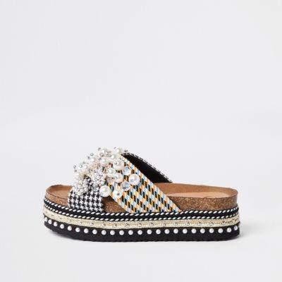 River Island Womens Cross Strap Embellished Platform Sliders